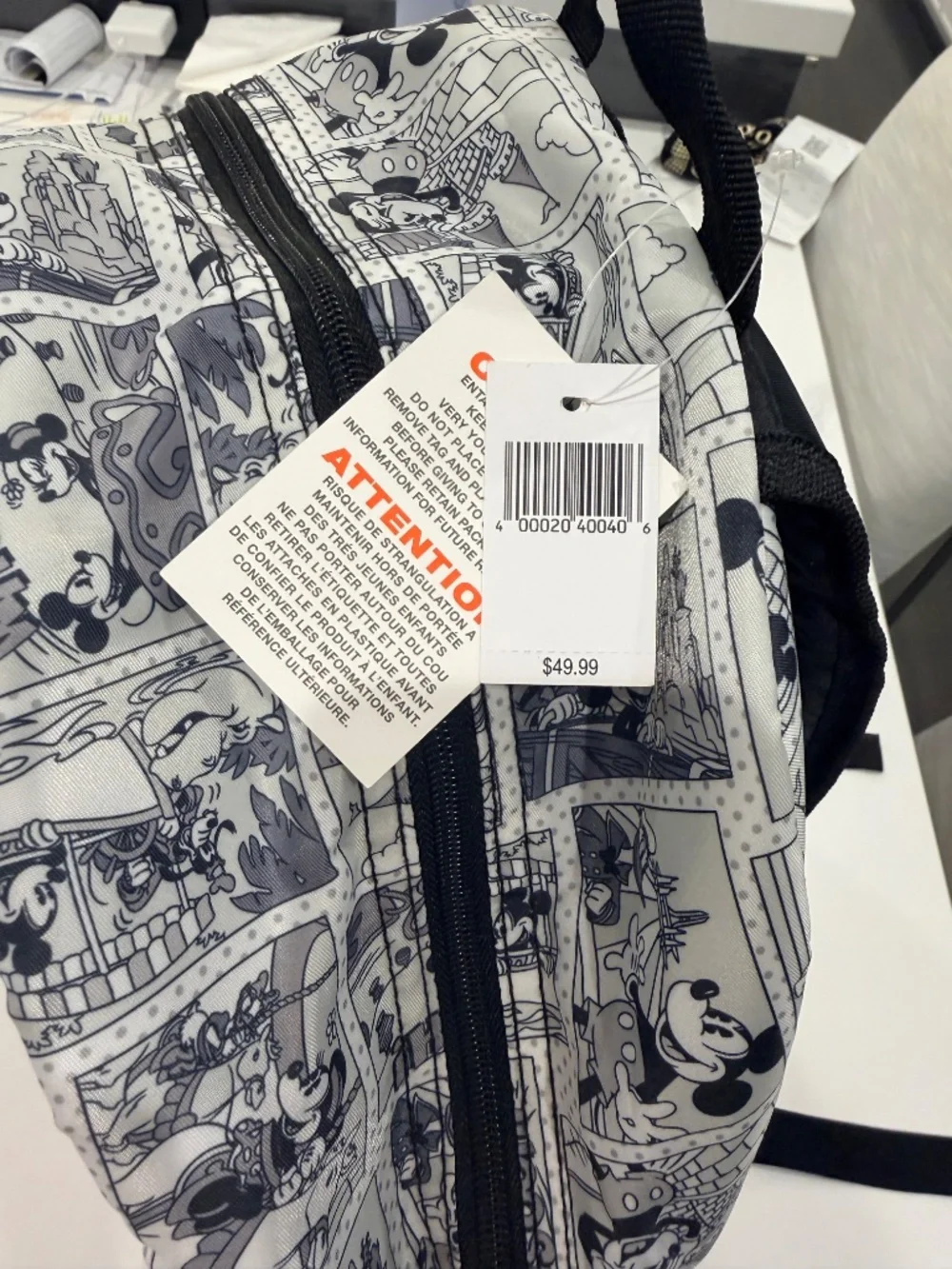 Disney Parks Original Mickey Mouse Comic Print Backpack Black White - NWT